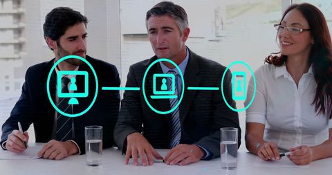 Business Meeting with Digital Network Concept and Icons Overlay