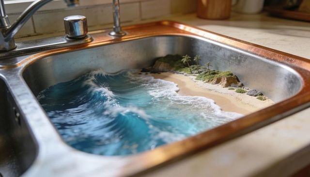 Mini tropical beach spilling into stainless steel kitchen sink with turquoise waves