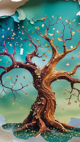 Vertical video peeling paper revealing stylized twisting tree with drifting golden leaves