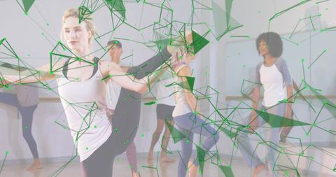 Barre dancers practicing balance with green geometric network overlay