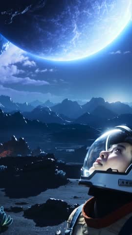 Vertical video of astronaut gazing at colossal blue planet over alien mountain plain