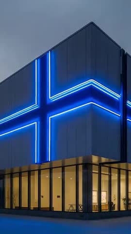 Vertical night video panning corner of modern building with blue neon cross and glass lobby