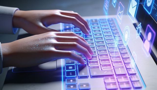 Typing hands on backlit laptop keyboard with holographic interface and ai icons