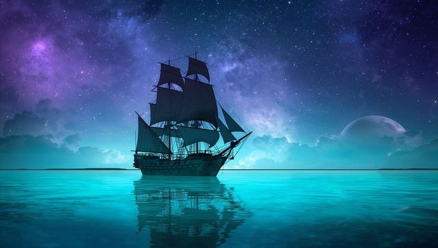 Sailing Ship Under Starry Sky on Turquoise Sea