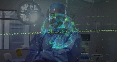 Surgeon in operating room with futuristic hologram technology