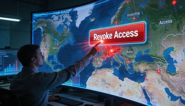 Pressing revoke access button on curved global cybersecurity map in security operations center