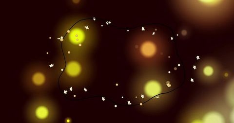 Glowing bokeh orbs with black wavy loop and floating white star confetti on dark gradient