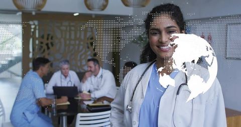 Female doctor leading medical team meeting with global health overlay and digital collaboration