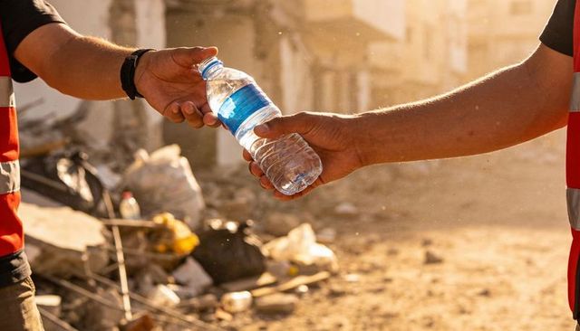 Volunteers handing water bottle amid rubble during disaster relief backlit teamwork