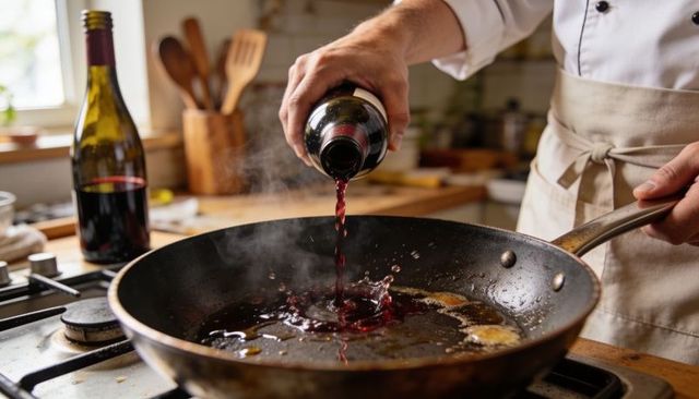 Chef pouring red wine into sizzling pan for rich pan sauce