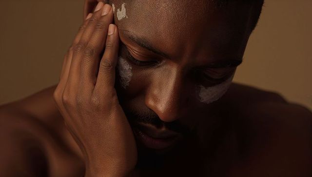 Introspective male portrait pressing hand to face with skincare cream patches, warm light