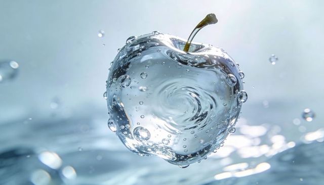 Floating glass-like apple encased in water bubble rotating over rippled surface