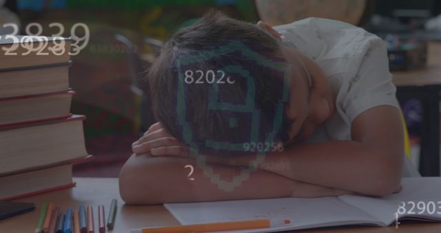 Child resting head on arms on desk, with books stacked beside and numbers layered on top. Can illustrate student fatigue, learning challenges, or the importance of sleep for children.