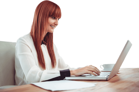 Smiling Woman with Red Hair Typing on Laptop Transparent Background