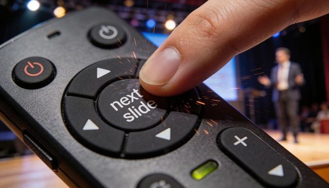Finger pressing clicker advancing next slide with sparks during conference keynote