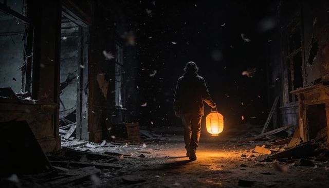 Hooded figure walking through abandoned corridor holding glowing paper lantern