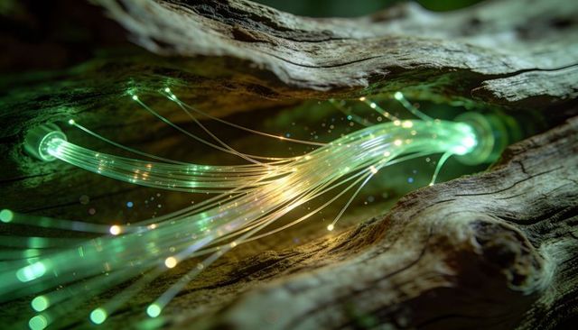 Glowing fiber-optic filaments threading through weathered wood crevice with luminescent nodes