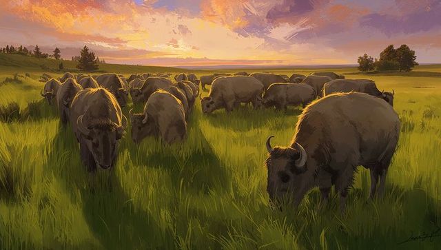 Grazing bison herd roaming golden prairie at sunset, backlit wildlife landscape