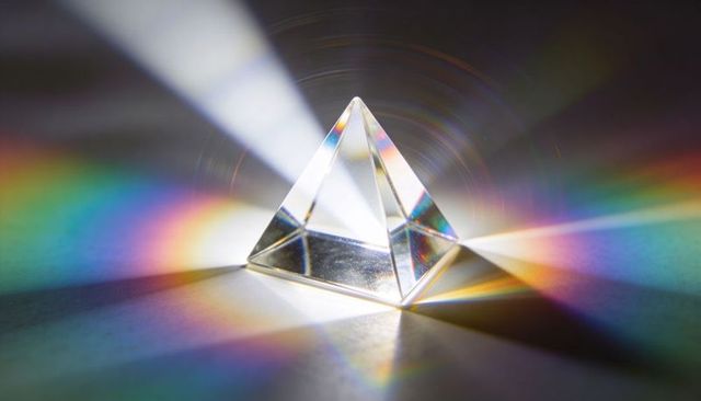 Crystal pyramid prism refracting white light into vibrant rainbow spectrum
