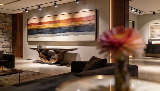 Luxurious lobby showcasing oversized abstract painting and sculptural wooden console table