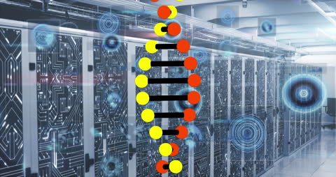 Digital DNA Strand Hovering in Futuristic Server Room