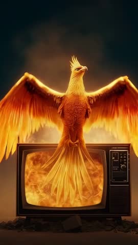 Phoenix Rising from Vintage TV Flames Vertical Video for Mythical Rebirth and Regeneration