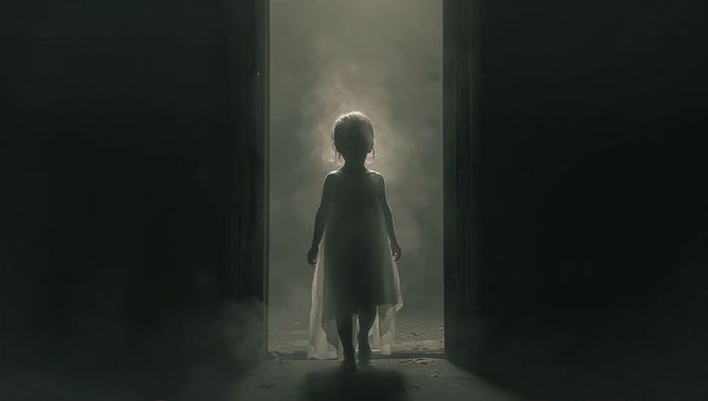 Silhouetted Child Stepping Through Backlit Doorway with Mist and Ethereal Halo