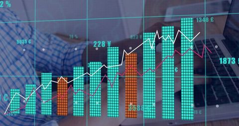 Businessman Analyzing Financial Data with Bar Graph Overlay on Laptop
