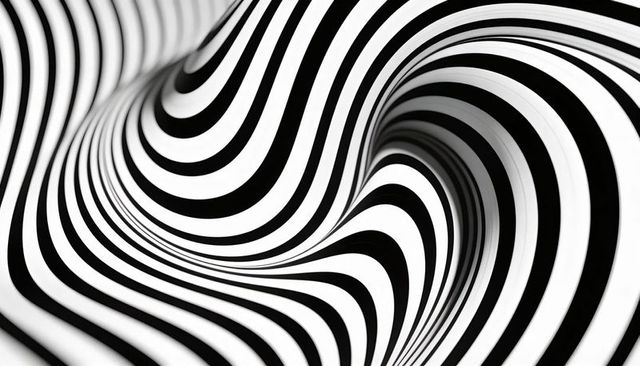 Hypnotic black and white spiral tunnel with flowing stripes and optical illusion depth