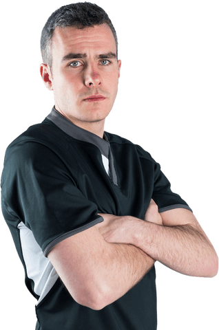Serious Rugby Player in Black Uniform with Folded Arms Transparent Background