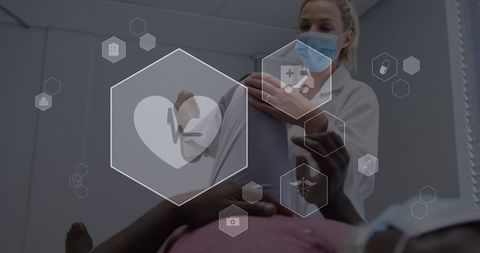 Doctor Doctor in PPE Assisting Patient with Virtual Health Interface Overlay