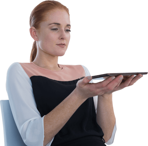 Transparent Focused Businesswoman Holding Tablet Sitting on Chair - Download Free Stock Videos Pikwizard.com
