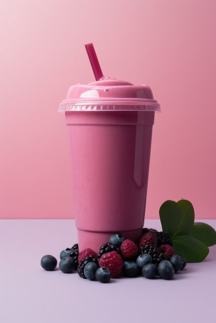 Berry smoothie and berries on pink background, created using generative ai technology. Fruit smoothie, food and drink, healthy eating concept digitally generated image.