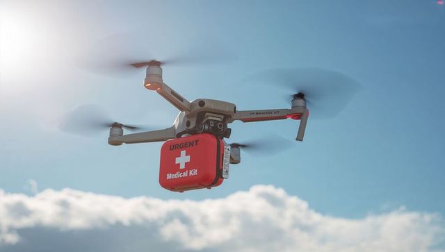 Autonomous drone delivering urgent medical kit over bright blue sky with propellers and lens flare