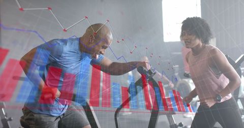 Trainer Motivating Client on Elliptical with Digital Graph Overlay - Download Free Stock Images Pikwizard.com