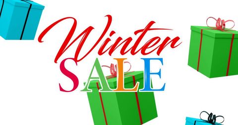 Festive winter sale lettering with colorful gift boxes