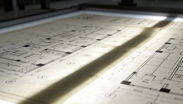 Displaying architectural floor plans on light table with sunlight casting long shadow