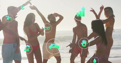 Diverse Friends Celebrating at Beach With Eco Icons