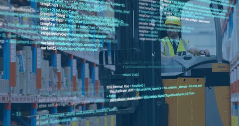 Warehouse worker operating pallet jack, code overlay showing smart logistics automation