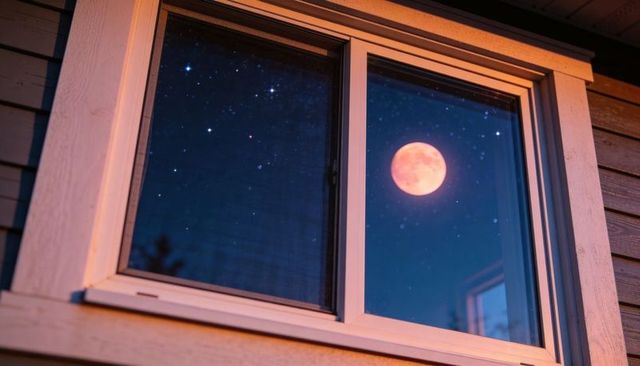 Full moon framed by white window at night with starry sky and warm exterior glow