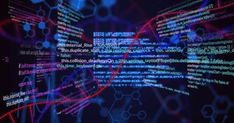 DNA Helix Weaving Through Neon Code Stream Over Hexagonal Grid Cyberpunk Visual