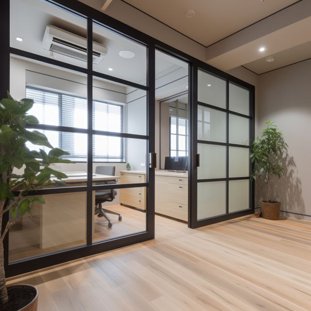 This professionally designed office space is ideal for showcasing modern workplaces, corporate environments, and interior design concepts. Featuring glass partitions, wooden flooring and indoor plants, it emphasizes a minimalist aesthetic that is both elegant and functional. Suitable for use in business, architecture, and real estate promotions or blogs about office design and office improvements.