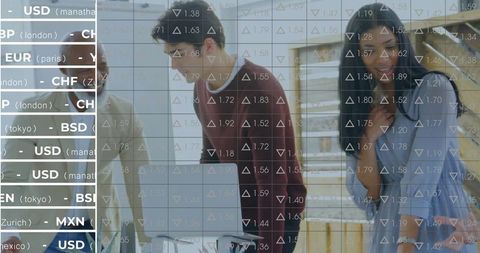 Diverse team collaborating over financial data with market analytics overlay and laptop