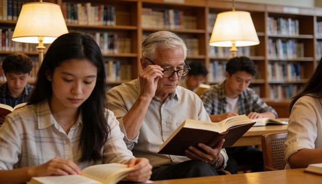 Senior reader adjusting glasses while studying under warm lamps in library with students