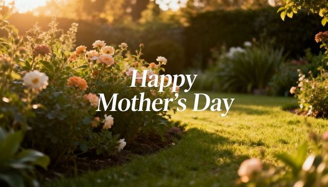 Sunlit peach pink roses with happy mother's day greeting over lush backyard lawn