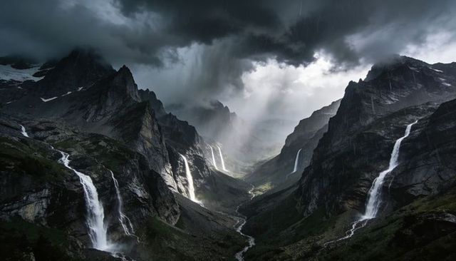 Unfolding storm over alpine canyon with cascading waterfalls and dramatic light shafts