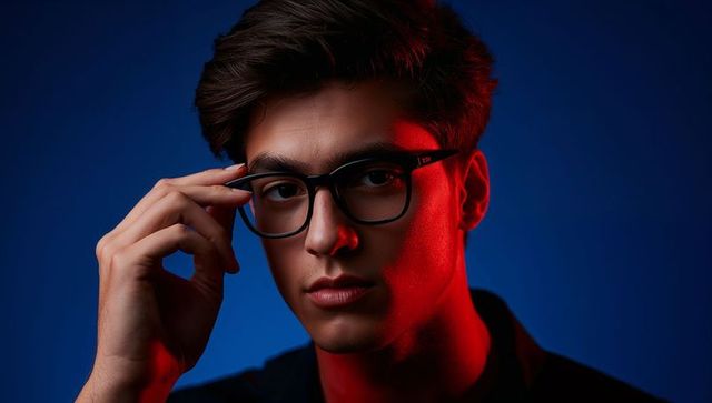 Young man adjusting glasses under dramatic red rim light with moody blue closeup