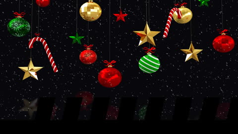 Christmas Decorations on Black Background with Falling Snow