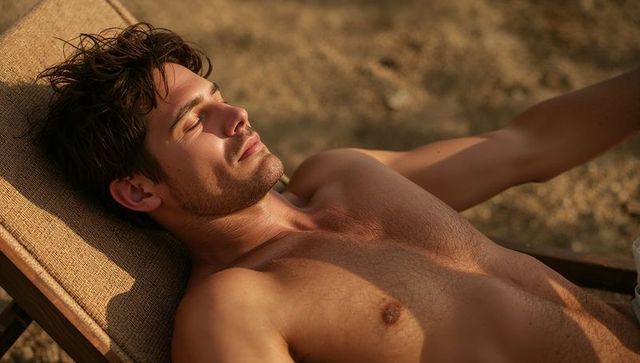 Handsome shirtless man sunbathing on lounge chair at beach during golden hour, relaxed