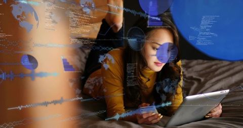Reclining asian woman using tablet and phone with futuristic hud data overlays, charts